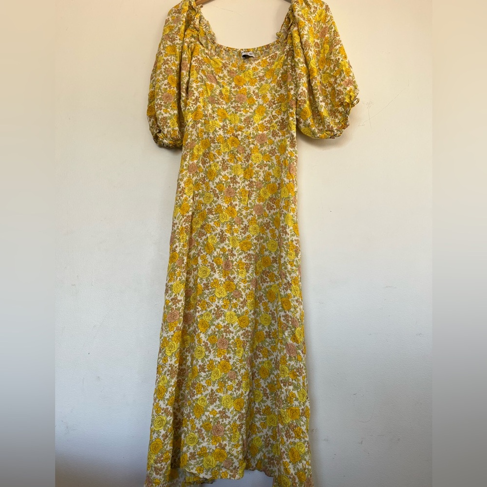 Faithfull the brand Juniper puff sleeve yellow floral midi dress